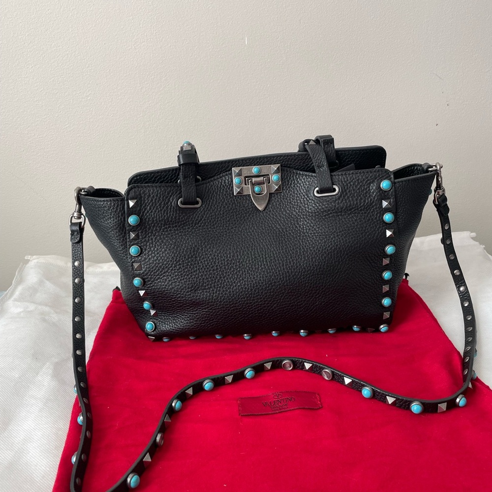 Valentino Garavani Black Crossbody Bag with Turquoise Studs